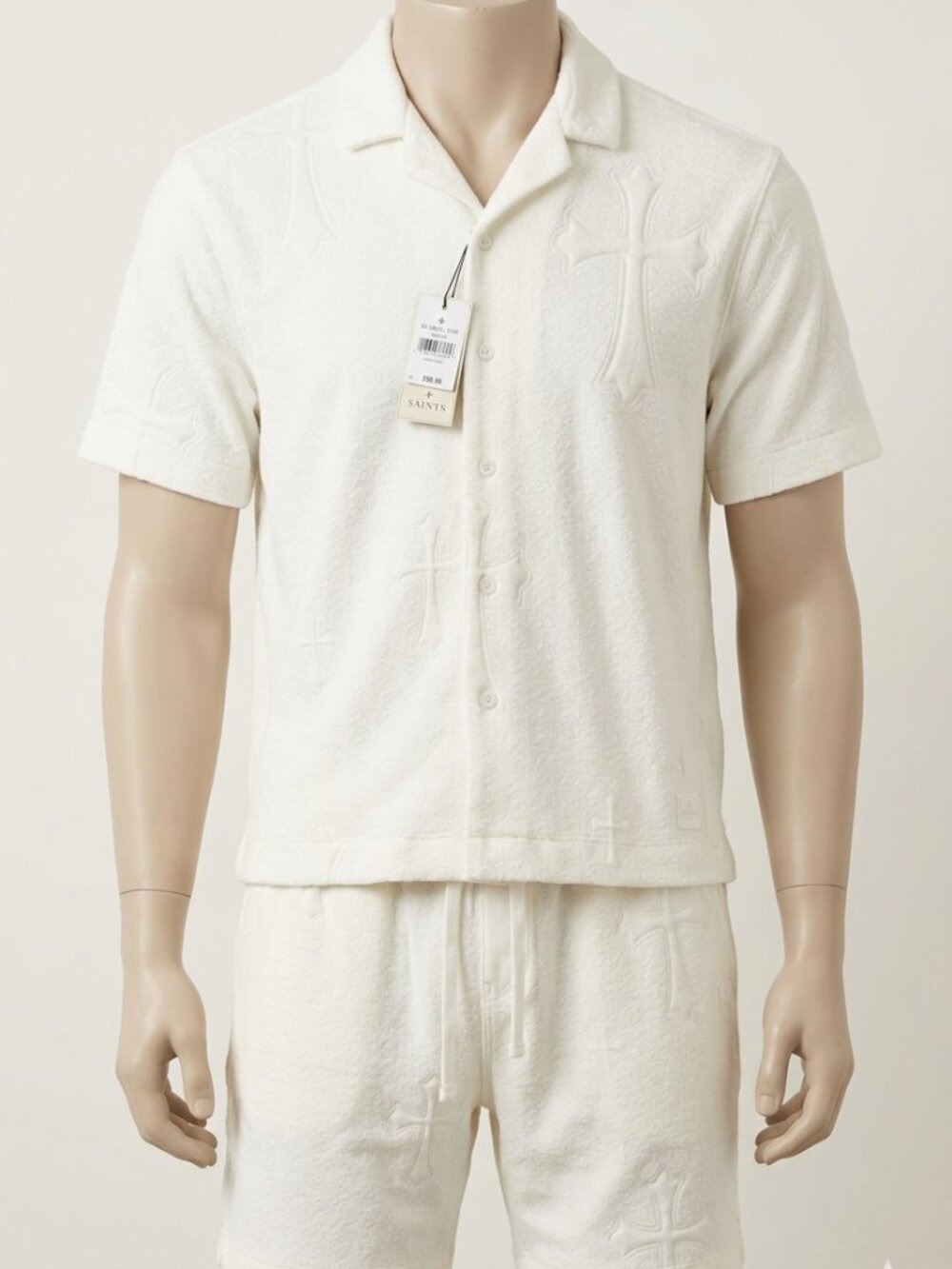 Saints Studio Off-White/Cream Set Men Button Up Shirt & Shorts Matching Set